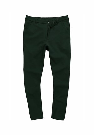 Pantalones verdes oscuros hechos de una tela suave y elástica. Cuentan con una cremallera, cierre de botón y cuatro bolsillos. Diseño ajustado.