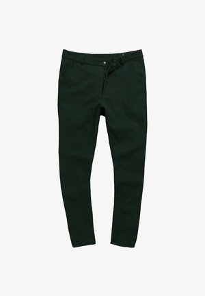 Ciemnozielone spodnie wykonane z miękkiego, elastycznego materiału. Posiadają zamek błyskawiczny, zapięcie na guzik oraz cztery kieszenie. Smukły krój.