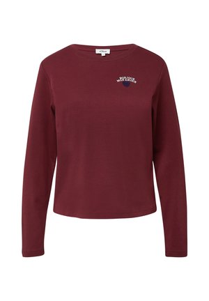 Bordeaux langärmliges Hemd aus weichem Baumwollstoff. Verfügt über einen runden Ausschnitt und bestickten Text "BONJOUR MON AMOUR" über einem Herzdesign.