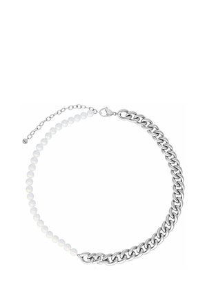 Silver chain necklace with polished round white beads and adjustable clasp on a white background.