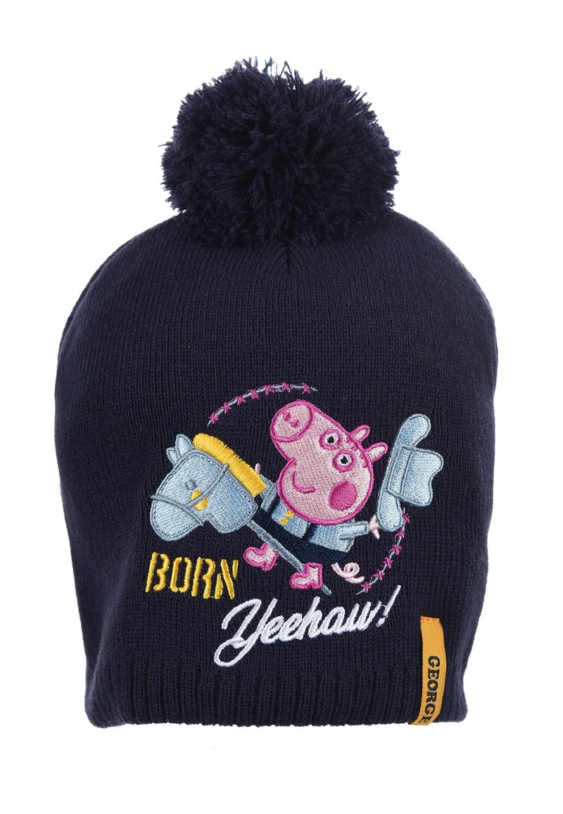 Navy knitted beanie with a large pom-pom, featuring colorful Peppa Pig embroidery and the text "BORN Yeehaw!" in yellow and white.