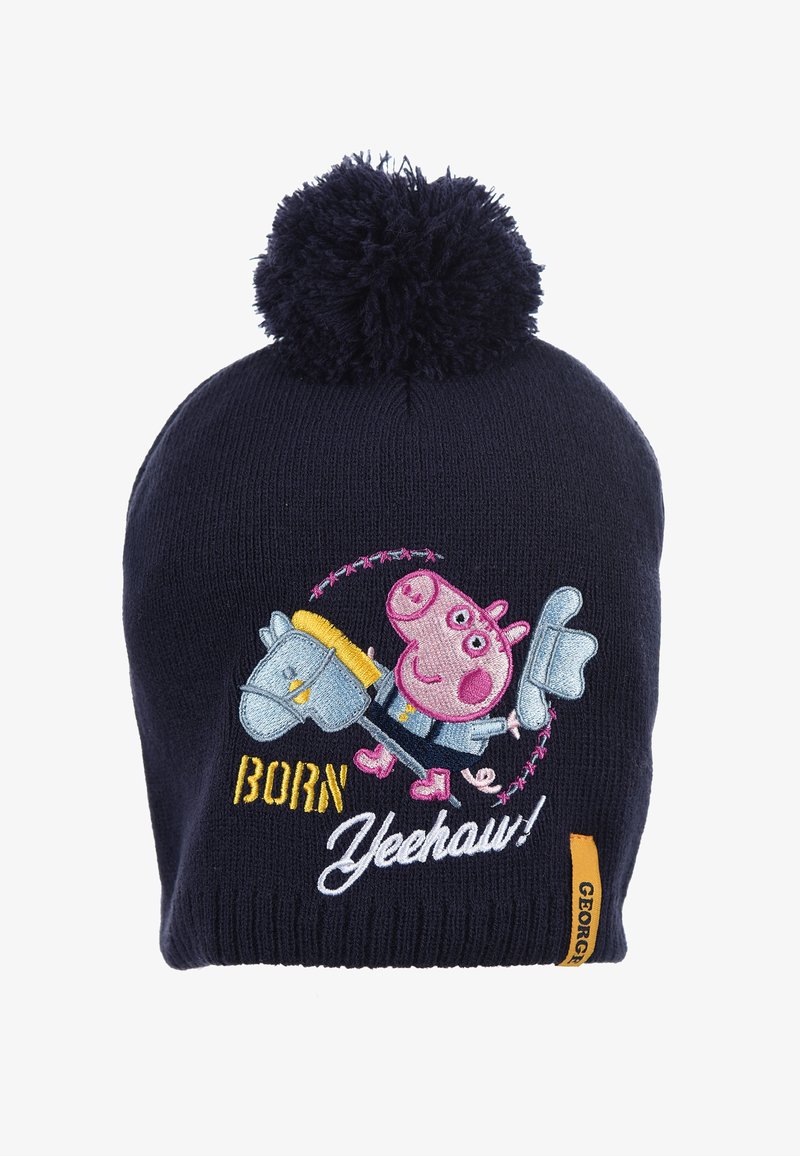 Navy knitted beanie with a large pom-pom, featuring colorful Peppa Pig embroidery and the text "BORN Yeehaw!" in yellow and white.