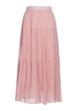 Langer rosa plissierter Rock mit elastischem Bund und Stufendesign, gefertigt aus leichtem, transparentem Stoff.