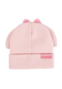 Beanie lavorato a maglia rosa con orlo piegato, dotato di piccole orecchie di peluche sulla parte superiore e un'etichetta rosa con la scritta "My Melody". Tessuto morbido.