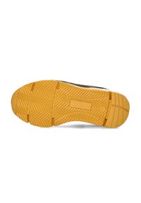 Sole of a shoe featuring a herringbone pattern, in yellow rubber. Notable grooves and ridges enhance traction.