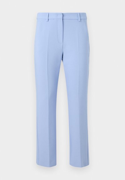Light blue tailored trousers with a flat front, two side pockets, and subtle creases running down the front of each leg.
