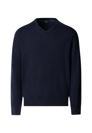 Herre navyblå V-udskæring langærmet strikket sweater med ribstrikkede manchetter og kant, mærkelabel indeni kraven.