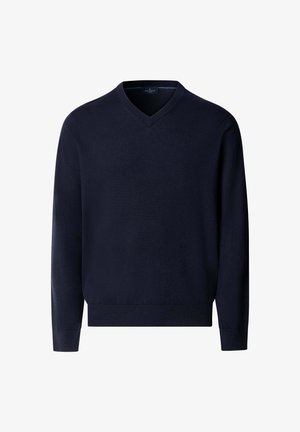 Jersey de punto azul marino para hombre con cuello en V y mangas largas, con puños y dobladillo acanalados, etiqueta de marca en el interior del cuello.