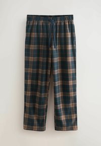 Navy plaid pajama pants featuring a drawstring waistband, with a checkered pattern in hues of brown and orange, made from soft fabric.