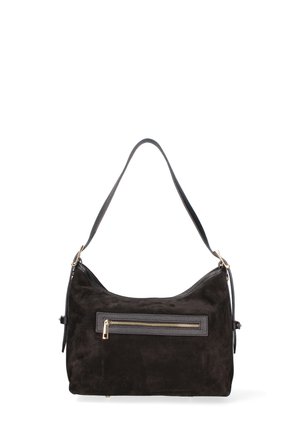 Borsa a spalla nera in suede con rifiniture in pelle liscia, dotata di una tasca frontale con zip e di una sola tracolla. Texture delicata e design classico.