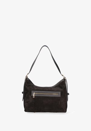 Zwarte suède handtas met een glad leren bies, met een voorvak met ritssluiting en een enkele schouderriem. Subtiele textuur en klassiek ontwerp.