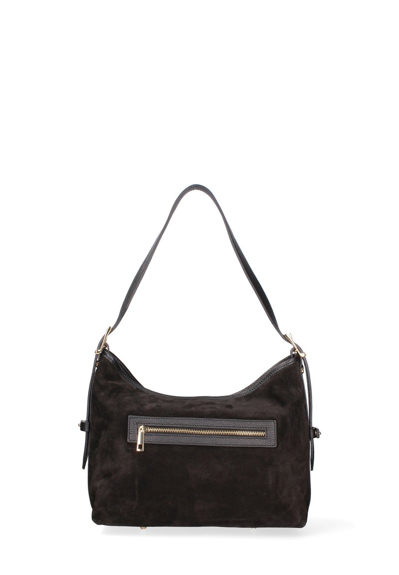 Zwarte suède handtas met een glad leren bies, met een voorvak met ritssluiting en een enkele schouderriem. Subtiele textuur en klassiek ontwerp.