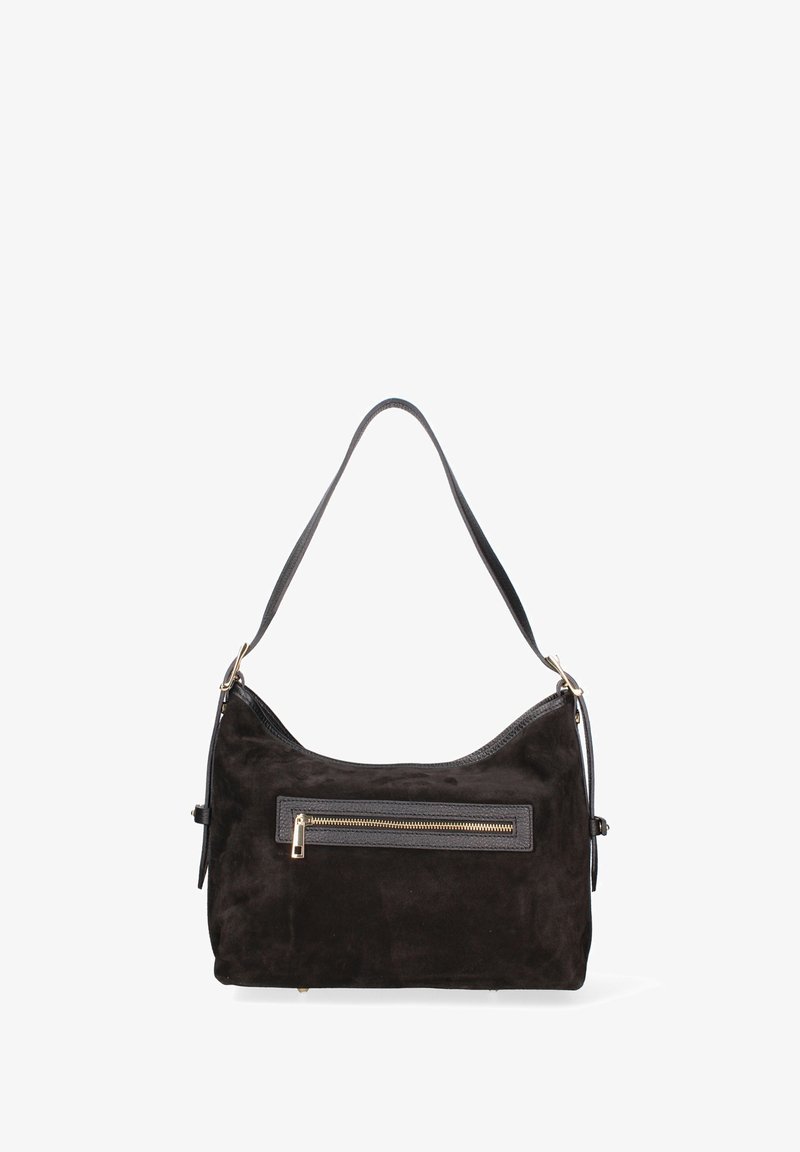 Zwarte suède handtas met een glad leren bies, met een voorvak met ritssluiting en een enkele schouderriem. Subtiele textuur en klassiek ontwerp.