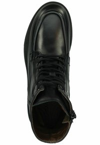 Black leather ankle boots with rounded toe, lace-up front, and side zipper. Smooth texture with subtle stitching detail.