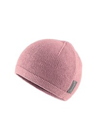 Knit beanie in soft pink, rounded shape with a textured finish. Features a folded cuff and a small logo label on the side.