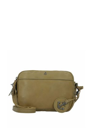 Borsa a tracolla gialla in pelle con chiusura a zip, tracolla regolabile e ciondolo circolare con un dettaglio a forma di ancora. Texture liscia, design compatto.