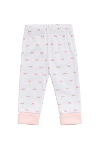 Pantalones de chándal blancos con pequeños estampados de arcoíris rosa por todo. Presentan una cinturilla elástica y puños rosas en los tobillos. Tejido suave y ligero.