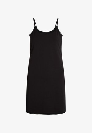 Abito nero senza maniche realizzato in tessuto morbido, con spalline regolabili e un pizzo lungo il décolleté e l'orlo.