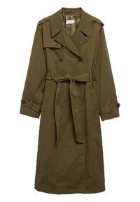 Olivengrøn trenchcoat lavet af bomuldsblanding, med dobbeltknaplukning, bælte i taljen, store reverskraver og lange ærmer.