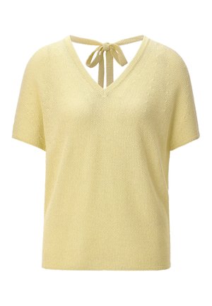 Svetložltý pletený krátky rukáv top s výstrihom do V a detailom na viazanie vzadu, vyrobený z textúrovaného materiálu.