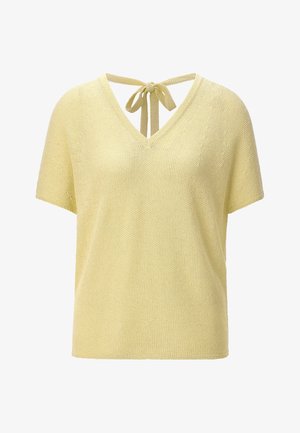 Top de punto amarillo claro de manga corta con escote en V y detalle de lazo en la espalda, hecho de tela texturizada.