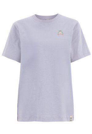 Light purple short-sleeve t-shirt with a small embroidered rainbow and skateboard design on the left chest and a beige tag at the hem.