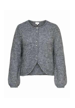 Grå strikket cardigan med rund halsudskæring, lange puffede ærmer og små perleknapper foran, let buet kant forneden.