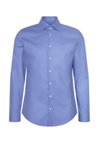 Niebieska koszula z długim rękawem wykonana z teksturowanej tkaniny, z małym geometrycznym wzorem, kołnierzykiem z zaostrzonymi końcami i zapinana na guziki z przodu.