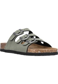 Grüne Wildleder-Sandalen zum Hineinschlüpfen mit drei verstellbaren Riemen, metallischen Schnallen, Korkfußbett und strukturiertem schwarzem Gummisohle.