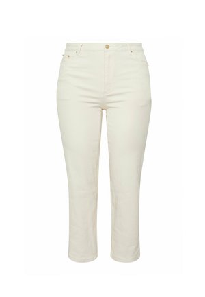 High waist ivoorkleurige cropped broek met knoop- en ritssluiting, voor- en achterzakken en rechte pijp.
