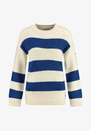 Pull en maille crème avec larges rayures horizontales bleu marine sur la poitrine, les manches et le torse, doté de poignets et d'un col côtelés.