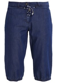 Tmavě modré denimové kalhoty capri s elastickým pasem, stahovací šňůrkou a nabíranými manžetami na lemu. Lehce strukturovaná tkanina.