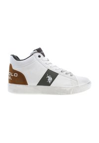 Sneaker alta bianca con accenti in suede marrone, striscia verde e suola in gomma. Presenta il logo sul lato e lacci rotondi. Fodera in tessuto testurizzato.