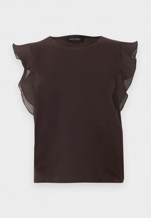 Tmavohnedá blúzka s krátkym rukávom, priehľadnými volánovými rukávmi a okrúhlym výstrihom, označená značkou Anna Field.