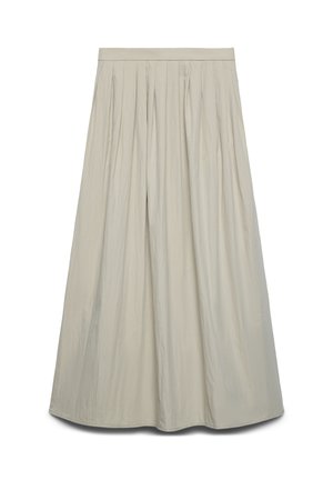 Jupe beige clair, taille haute, longueur cheville avec des plis et une silhouette légèrement évasée sur fond blanc.