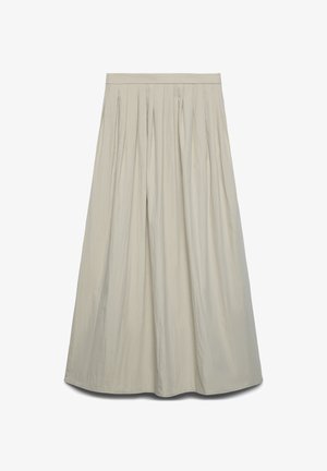 Jupe beige clair, taille haute, longueur cheville avec des plis et une silhouette légèrement évasée sur fond blanc.