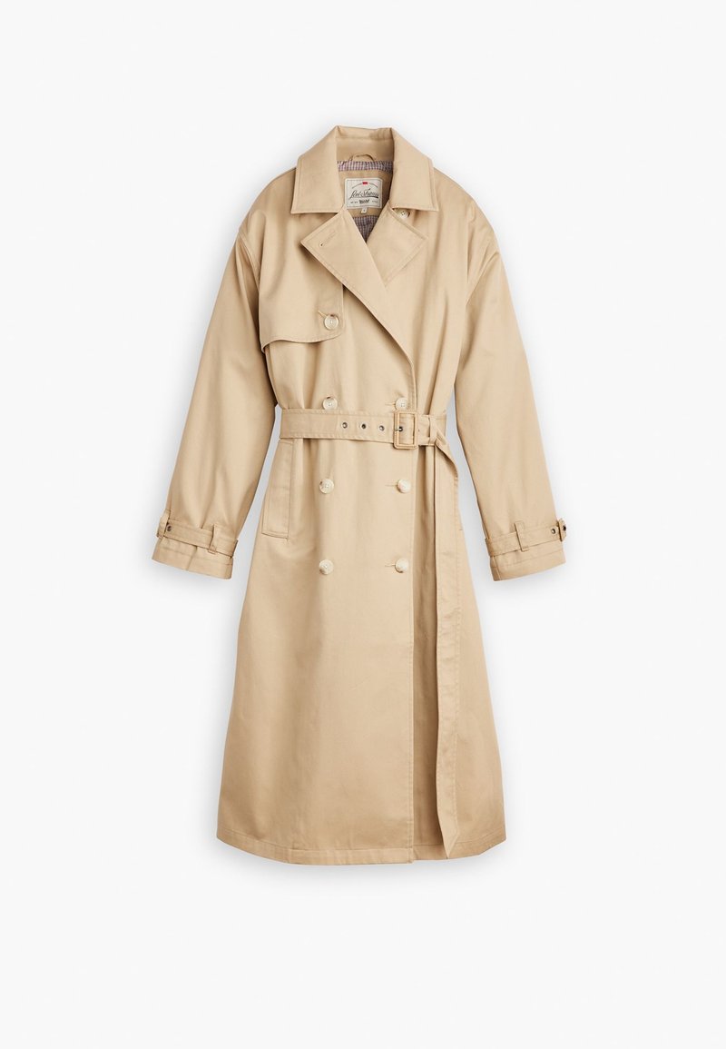 Beige Trenchcoat mit doppelter Knopfleiste, großen Revers und tailliertem Gürtel. Mit Knopfdetails und langen Ärmeln.