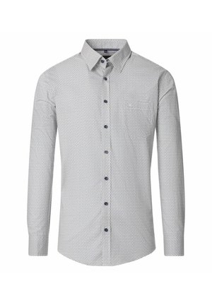 Long-sleeve shirt, white with dark blue geometric pattern. Button-down collar, chest pocket, and dark blue buttons. Lightweight fabric.