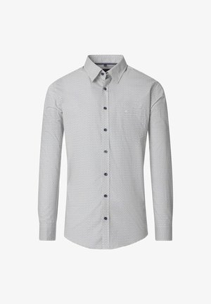 Langarmhemd, wit met donkerblauw geometrisch patroon. Met een button-down kraag, borstzak en donkerblauwe knopen. Lichtgewicht stof.