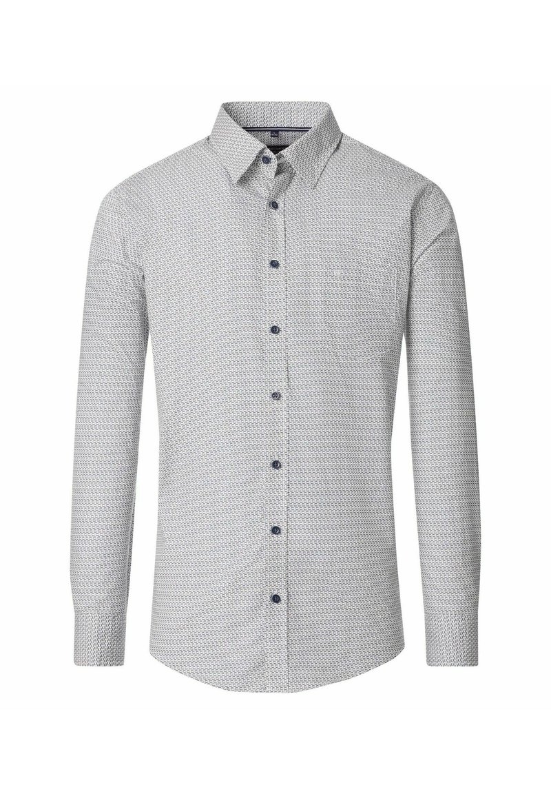 Langarmhemd, wit met donkerblauw geometrisch patroon. Met een button-down kraag, borstzak en donkerblauwe knopen. Lichtgewicht stof.