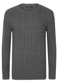 Pull en maille gris avec col rond, présentant un motif texturé et des poignets et un ourlet côtelés. Fabriqué en matériau doux et chaud.