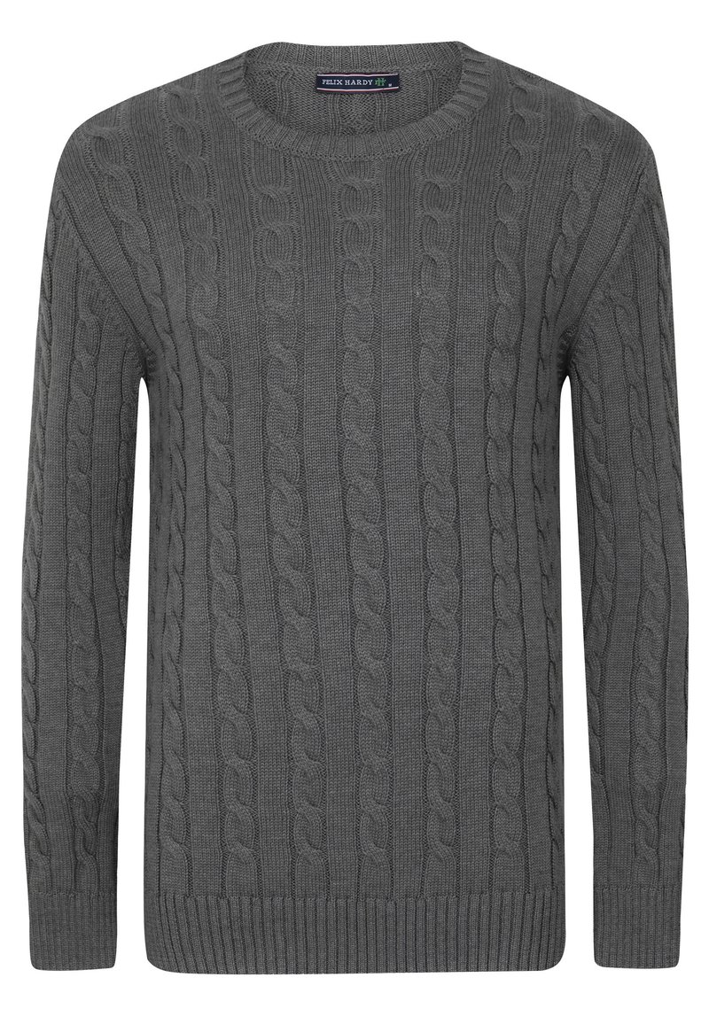 Pull en maille gris avec col rond, présentant un motif texturé et des poignets et un ourlet côtelés. Fabriqué en matériau doux et chaud.