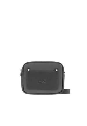 Compact dark gray leather pouch with front pocket, silver zipper, and wrist strap, branded with "RYŁKO" logo in center.