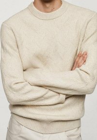 Maglione beige con texture, colletto rotondo e motivo a maglia geometrico. Maniche lunghe con polsini e orlo a coste.