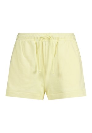 Pantalones cortos de algodón amarillos con cinturilla elástica y cordón ajustable, que cuentan con bolsillos laterales y una textura suave.