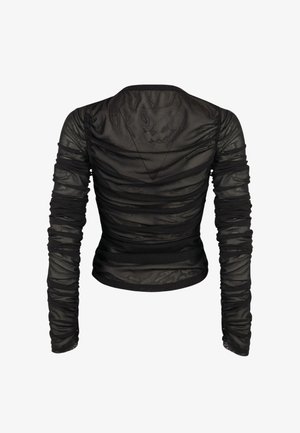 Schwarzes, transparentes Langarm-Oberteil mit geraffter Struktur. Hat einen V-Ausschnitt und eine figurbetonte Silhouette, die durch elastische Rüschungen definiert ist.
