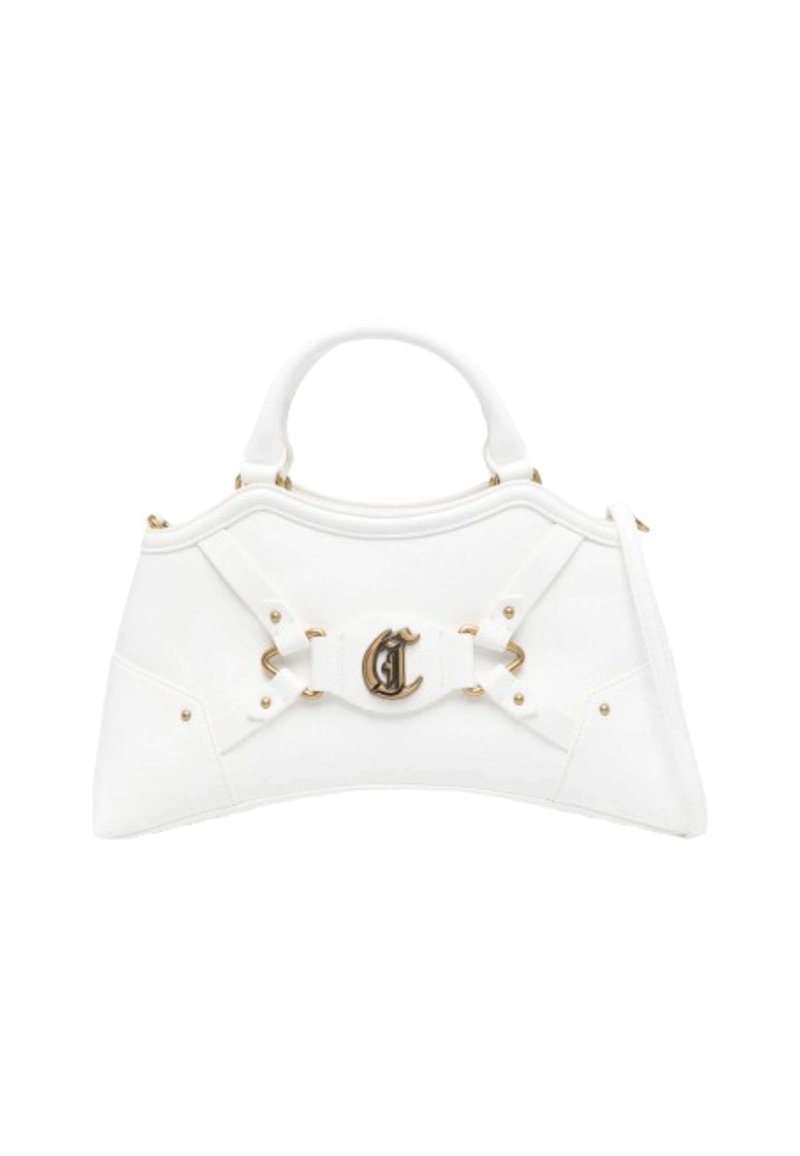 Borsa bianca con un design strutturato, caratterizzata da accessori in metallo dorato e un logo prominente. Texture liscia con dettaglio a fiocco decorativo.