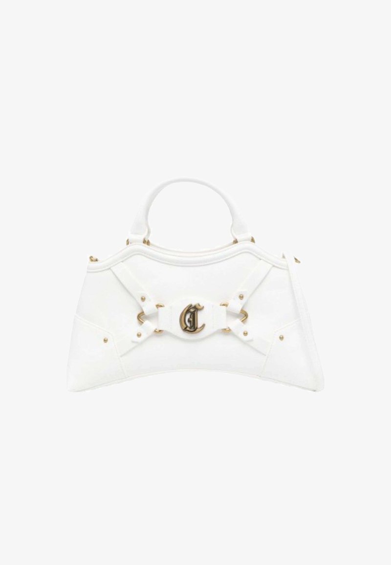 Borsa bianca con un design strutturato, caratterizzata da accessori in metallo dorato e un logo prominente. Texture liscia con dettaglio a fiocco decorativo.