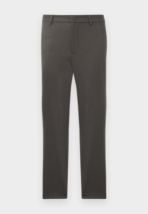 Dark gray tailored trousers with a straight leg, flat front, and belt loops, made from a smooth fabric with a subtle texture.