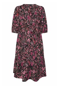 Black dress with pink floral patterns, three-quarter sleeves, V-neck, and a tie waist, featuring a flowing skirt with a subtly textured fabric.